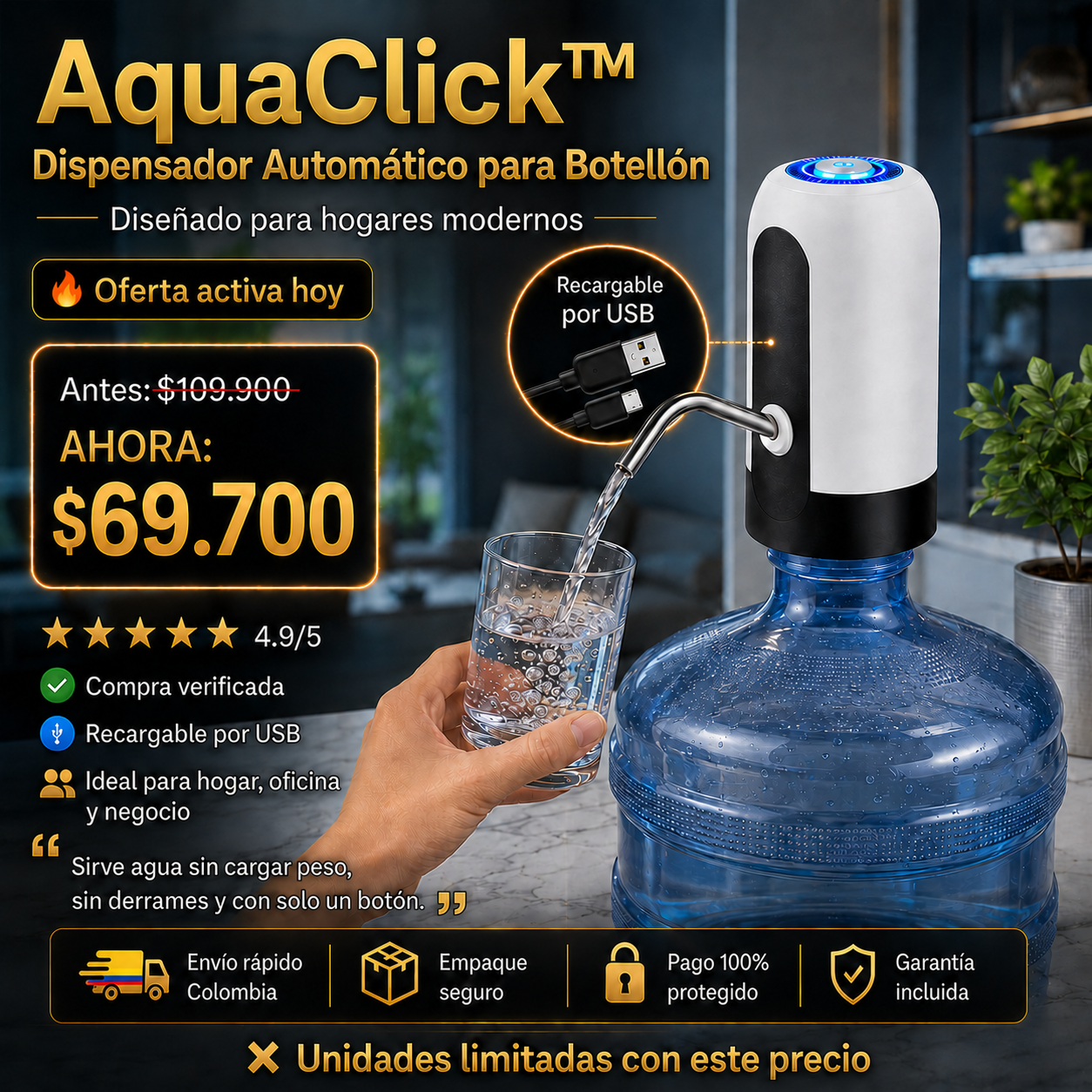 🔥[PROMO HOY] AquaClick™: Dispensador Automático Recargable para Botellón